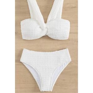 SHEIN White Textured Twist Front Bikini Set Hipster Bottom | Medium